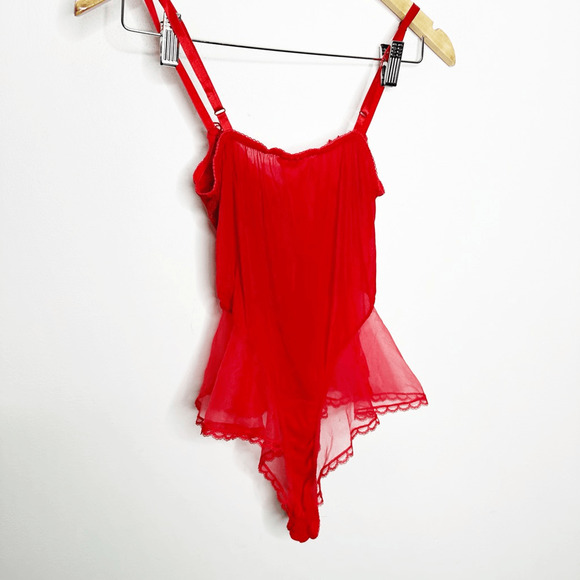 VTG 80s VERONIQUE semi sheer lace mesh teddy red sissy beaded Lingerie womens S - Picture 7 of 9